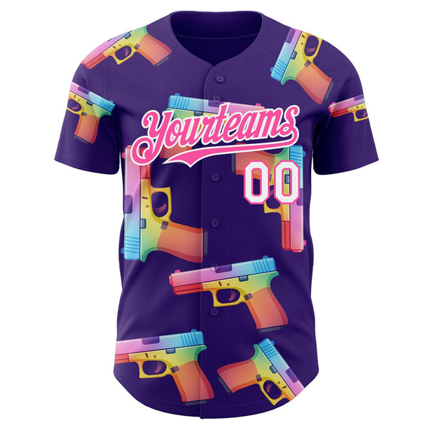 Custom Purple Pink-White Colorful Firepower 3D Pattern Design Authentic Baseball Jersey alternate