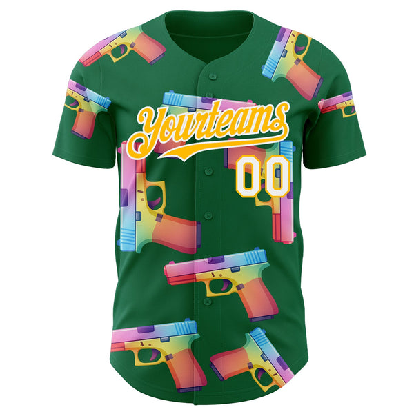 Custom Kelly Green Gold-White Colorful Firepower 3D Pattern Design Authentic Baseball Jersey alternate