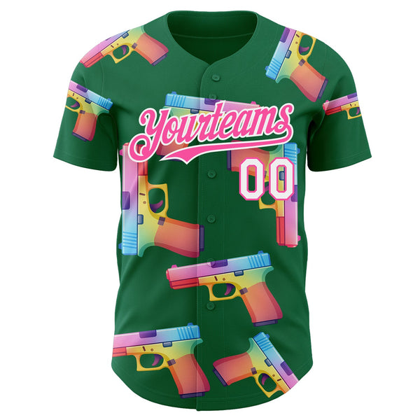 Custom Kelly Green Pink-White Colorful Firepower 3D Pattern Design Authentic Baseball Jersey alternate