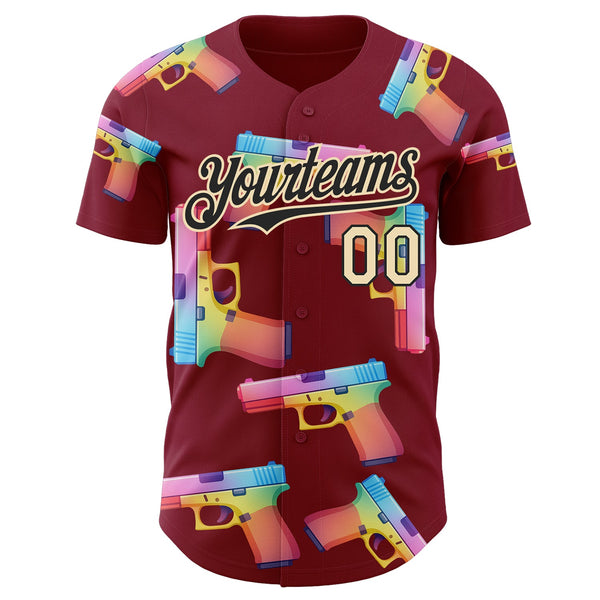 Custom Crimson Black-Cream Colorful Firepower 3D Pattern Design Authentic Baseball Jersey alternate
