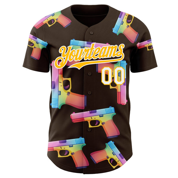 Custom Brown Gold-White Colorful Firepower 3D Pattern Design Authentic Baseball Jersey alternate