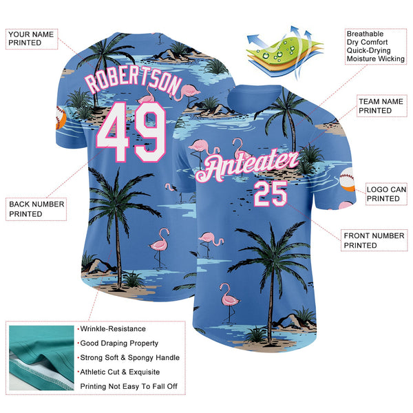 Custom Light Blue White-Pink Tropical Hawaii Palm Trees Summer Beach Flamingo Performance T-Shirt alternate