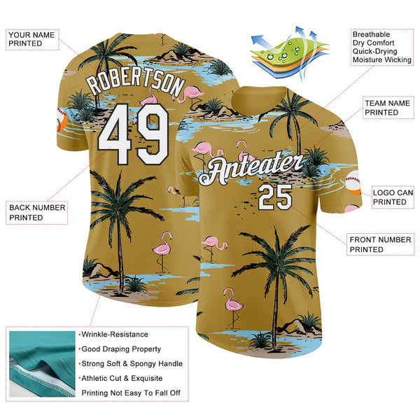 Custom Old Gold White-Black Tropical Hawaii Palm Trees Summer Beach Flamingo Performance T-Shirt alternate