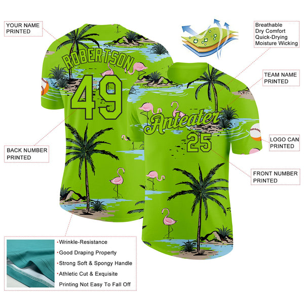 Custom Neon Green-Black Tropical Hawaii Palm Trees Summer Beach Flamingo Performance T-Shirt alternate