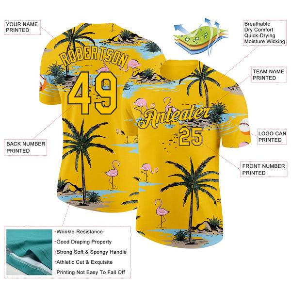 Custom Yellow-Black Tropical Hawaii Palm Trees Summer Beach Flamingo Performance T-Shirt alternate