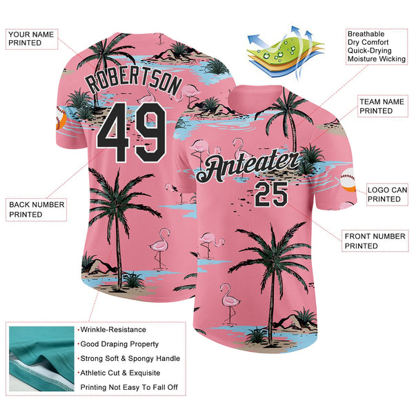 Custom Medium Pink Black-White Tropical Hawaii Palm Trees Summer Beach Flamingo Performance T-Shirt alternate