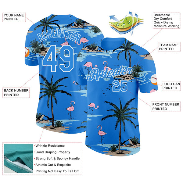 Custom Powder Blue-White Tropical Hawaii Palm Trees Summer Beach Flamingo Performance T-Shirt alternate