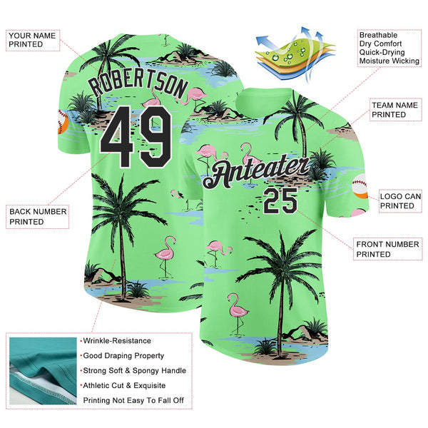 Custom Pea Green Black-White Tropical Hawaii Palm Trees Summer Beach Flamingo Performance T-Shirt alternate