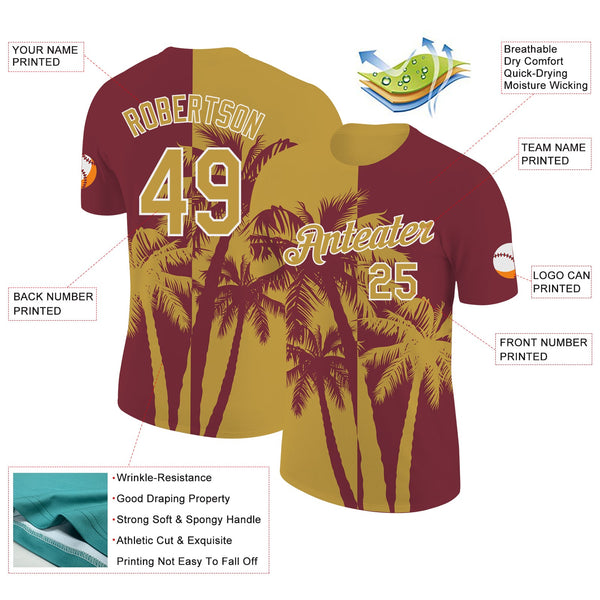 Custom Burgundy Old Gold-White Hawaii Tropical Coastal Palm Trees Performance T-Shirt alternate