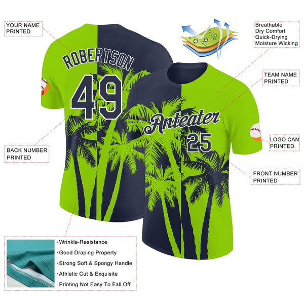 Custom Neon Green Navy-White Hawaii Tropical Coastal Palm Trees Performance T-Shirt alternate