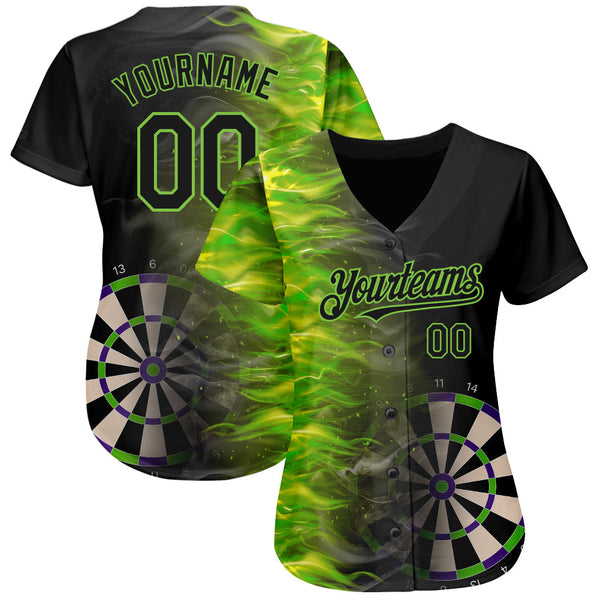 Custom Black Neon Green 3D Pattern Design Fiery Dart Board Authentic Baseball Jersey alternate