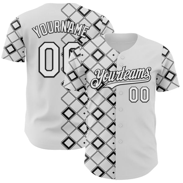 Custom White-Black Geometric Diamond Grid Rhombus Authentic Baseball Jersey