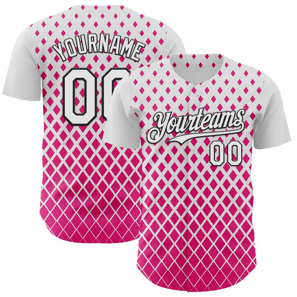 Custom White Pink-Black Geometric Diamond Grid Rhombus Authentic Baseball Jersey