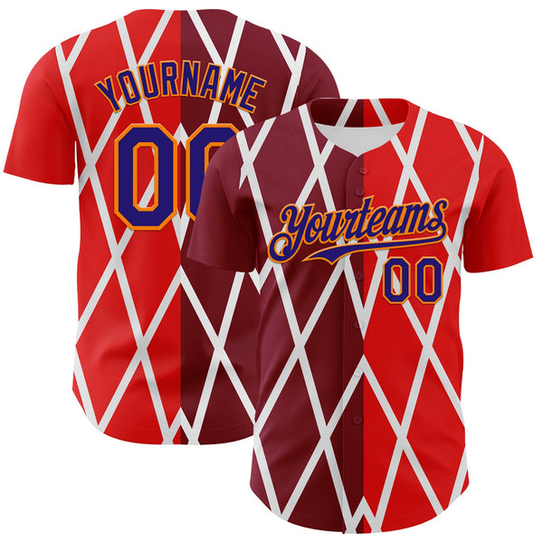 Custom White Dark Purple Red-Bay Orange Geometric Diamond Grid Rhombus Authentic Baseball Jersey