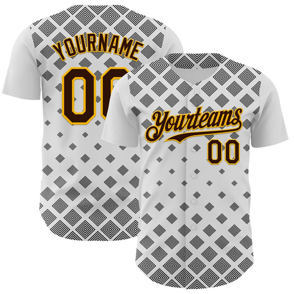 Custom White Brown Black-Gold Geometric Diamond Grid Rhombus Authentic Baseball Jersey
