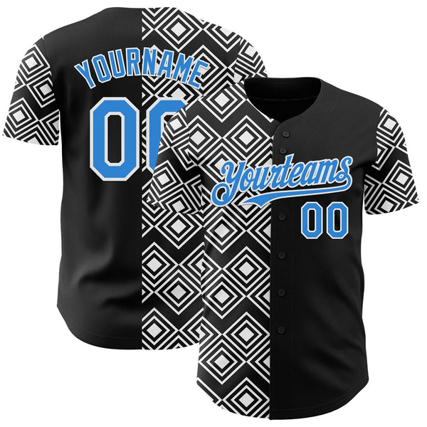 Custom Black Electric Blue-White Geometric Diamond Grid Rhombus Authentic Baseball Jersey