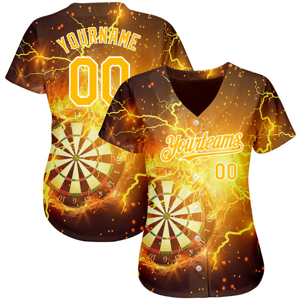 Custom Black Gold-White 3D Pattern Design Lightning Flame Dart Board Authentic Baseball Jersey alternate