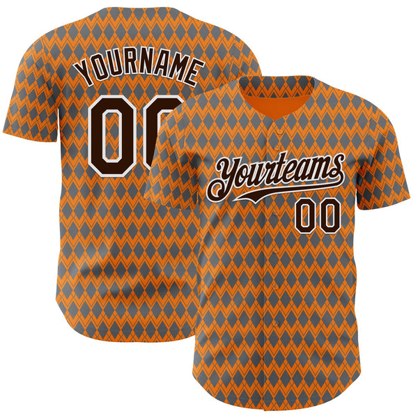 Custom Orange Brown Gray-White Geometric Diamond Grid Rhombus Authentic Baseball Jersey