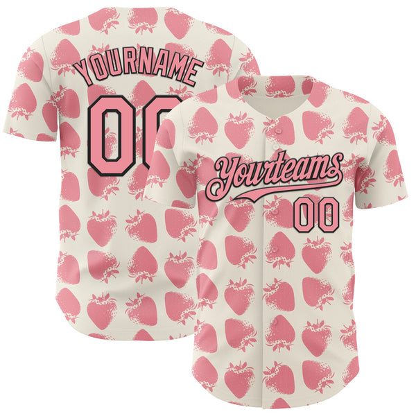 Custom Cream Medium Pink-Black Foodie Strawberry Authentic Baseball Jersey