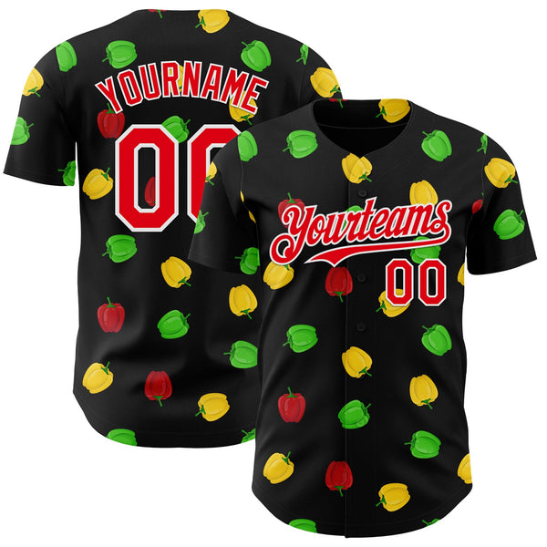 Custom Black Fire Red-White Foodie Bell Pepper Authentic Baseball Jersey