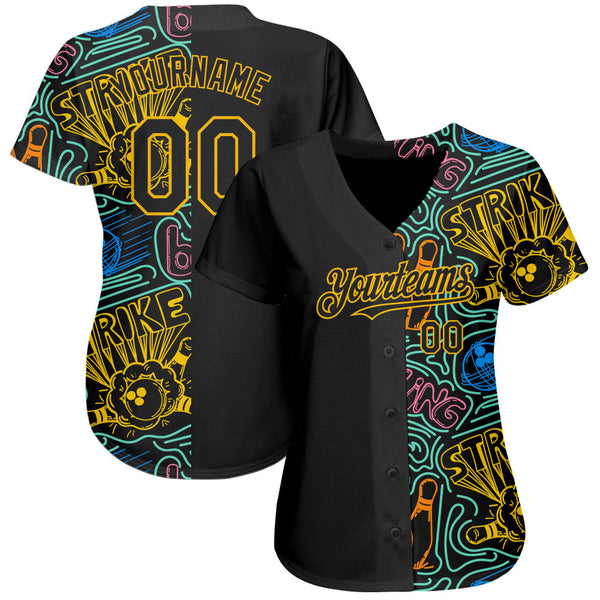 Custom Black Gold 3D Pattern Design Bowling Authentic Baseball Jersey alternate