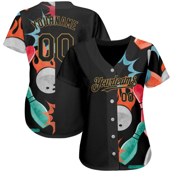 Custom Black Old Gold 3D Pattern Design Bowling Authentic Baseball Jersey alternate