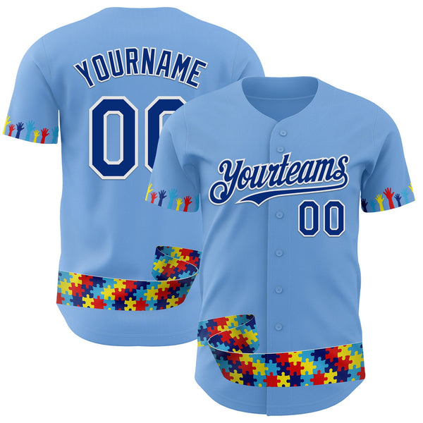 Custom Light Blue Royal-White Autism Awareness Support Puzzle Infinity Authentic Baseball Jersey