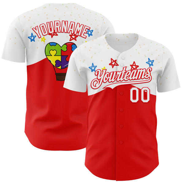 Custom White-Fire Red Autism Awareness Support Puzzle Infinity Authentic Baseball Jersey