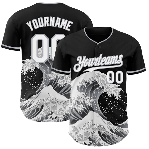 Custom Black White-Gray Japanese Wave Authentic Baseball Jersey