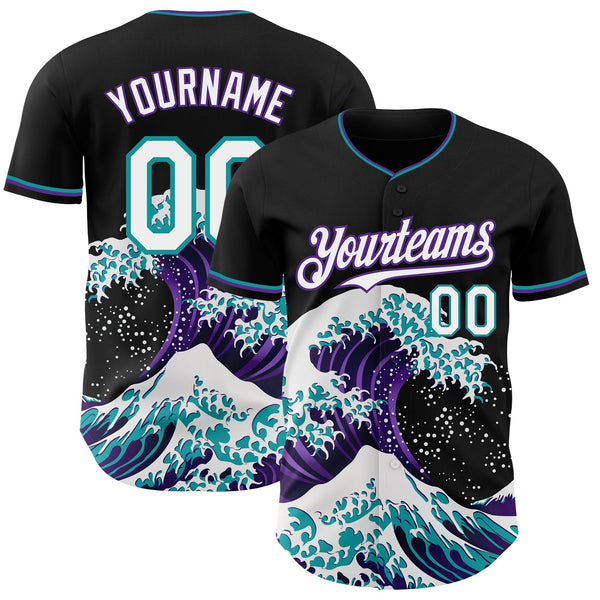 Custom Black White Purple-Teal Japanese Wave Authentic Baseball Jersey