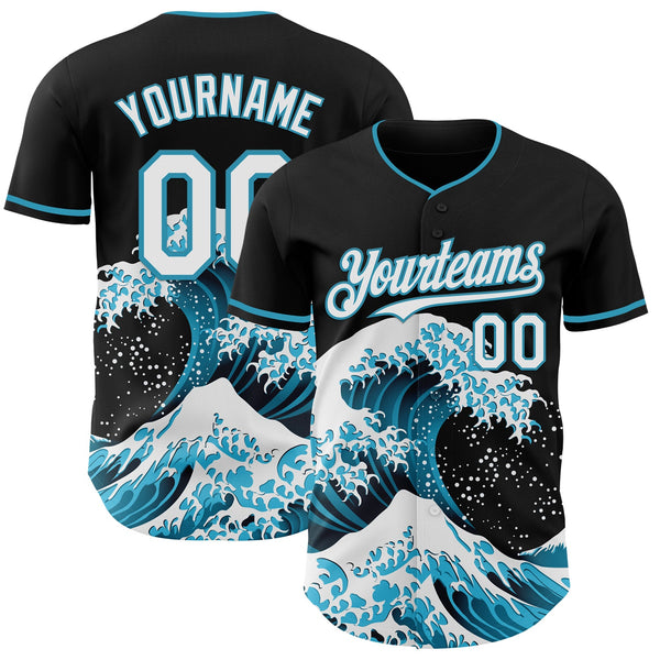 Custom Black White-Panther Blue Japanese Wave Authentic Baseball Jersey