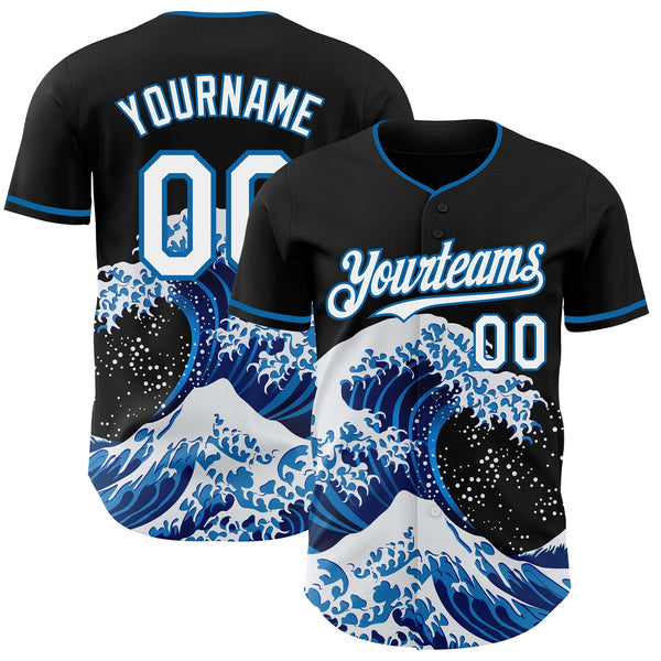 Custom Black White-Blue Japanese Wave Authentic Baseball Jersey