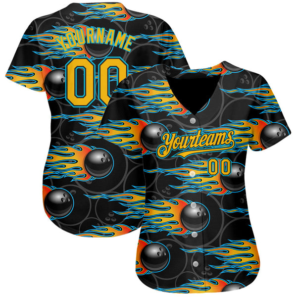 Custom Black Gold-Lakes Blue 3D Pattern Design Bowling Ball With Hotrod Flame Authentic Baseball Jersey alternate