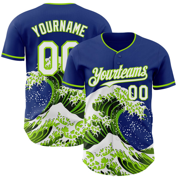 Custom Royal White-Neon Green Japanese Wave Authentic Baseball Jersey