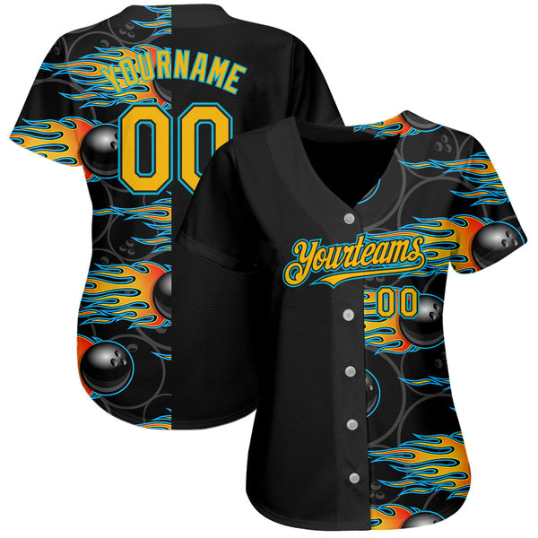 Custom Black Gold-Lakes Blue 3D Pattern Design Bowling Ball With Hotrod Flame Authentic Baseball Jersey Ball alternate