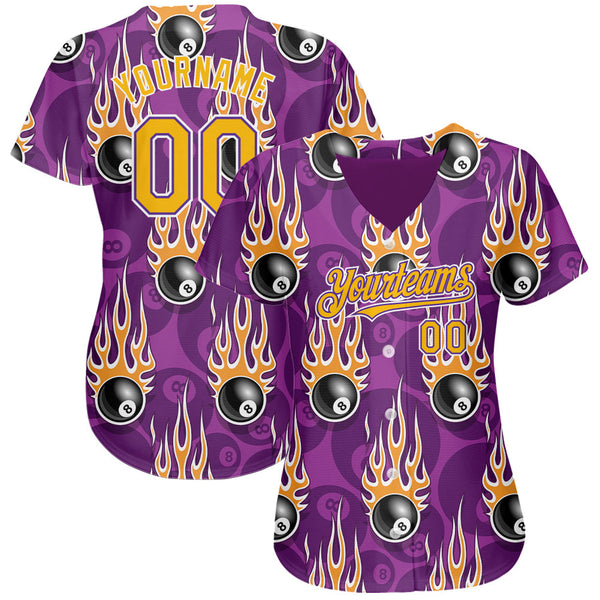 Custom Purple Gold-White 3D Pattern Design Billiards Snooker 8 Ball With Hotrod Flame Authentic Baseball Jersey alternate