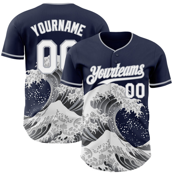 Custom Navy White-Gray Japanese Wave Authentic Baseball Jersey