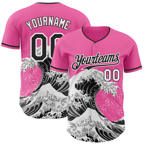 Custom Pink Black-White Japanese Wave Authentic Baseball Jersey