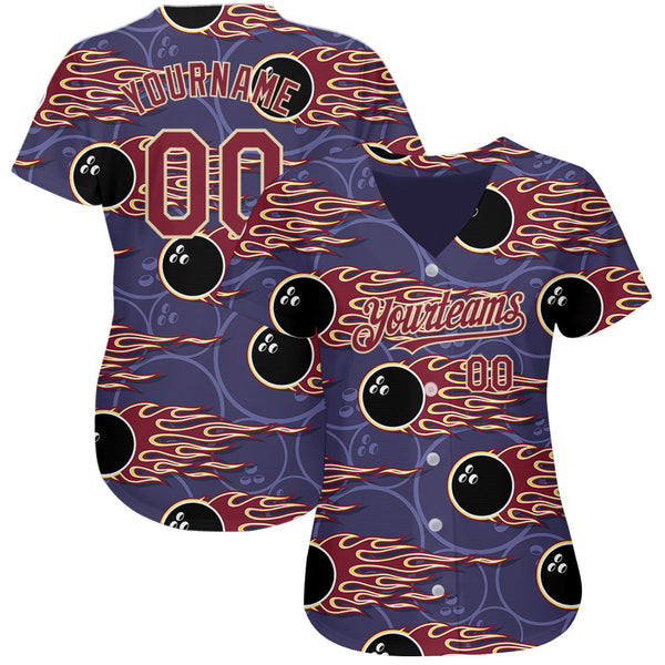 Custom Purple Crimson-City Cream 3D Pattern Design Bowling Ball With Hotrod Flame Authentic Baseball Jersey alternate