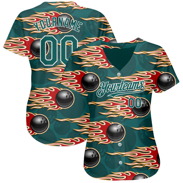 Custom Midnight Green White 3D Pattern Design Bowling Ball With Hotrod Flame Authentic Baseball Jersey alternate