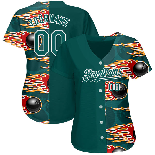 Custom Midnight Green White 3D Pattern Design Bowling Ball With Hotrod Flame Authentic Baseball Jersey alternate