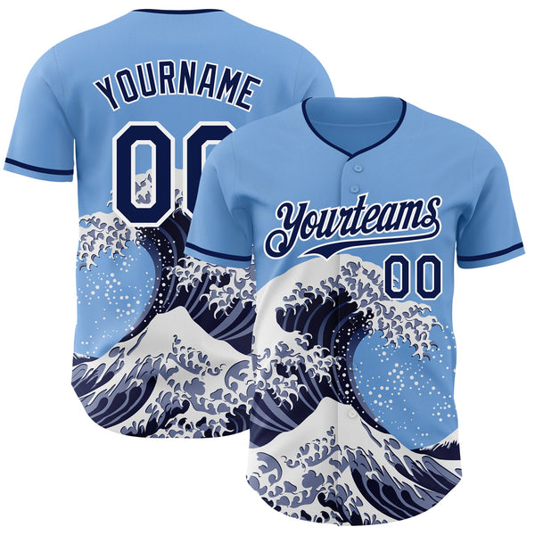 Custom Light Blue Navy-White Japanese Wave Authentic Baseball Jersey