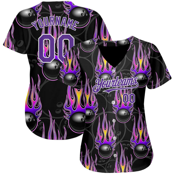 Custom Black Purple-White 3D Pattern Design Bowling Ball With Hotrod Flame Authentic Baseball Jersey alternate