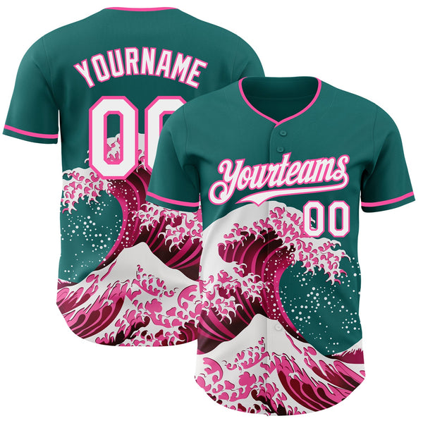 Custom Teal White-Pink Japanese Wave Authentic Baseball Jersey