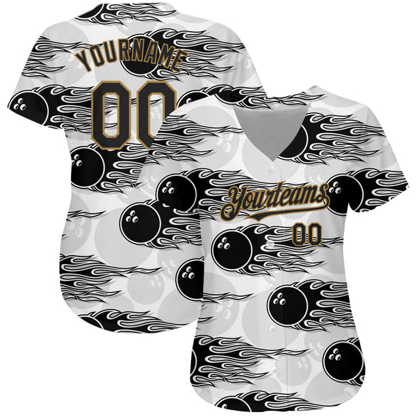 Custom White Black-Old Gold 3D Pattern Design Bowling Ball With Hotrod Flame Authentic Baseball Jersey alternate