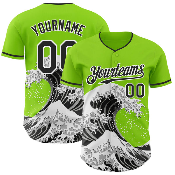 Custom Neon Green Black-White Japanese Wave Authentic Baseball Jersey