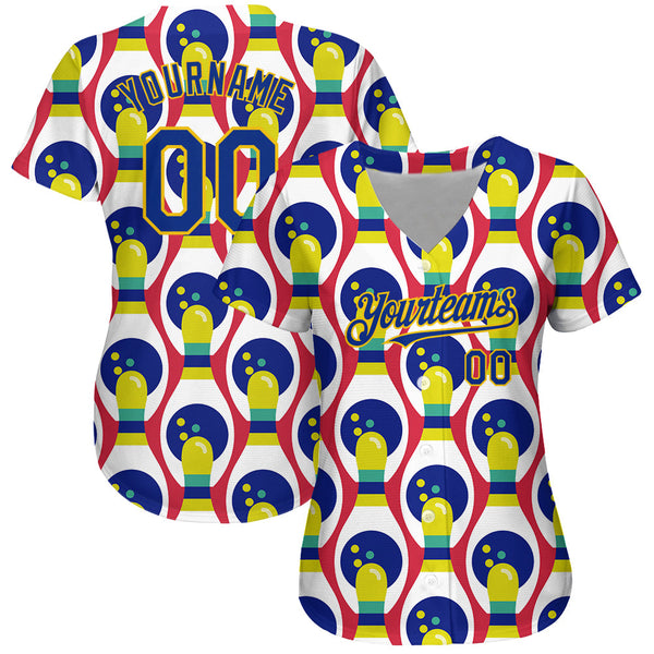Custom White Royal-Yellow 3D Pattern Design Bowling Authentic Baseball Jersey alternate