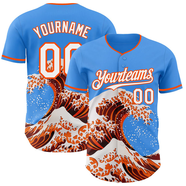 Custom Electric Blue White-Orange Japanese Wave Authentic Baseball Jersey