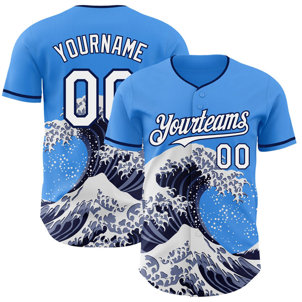 Custom Electric Blue White-Navy Japanese Wave Authentic Baseball Jersey