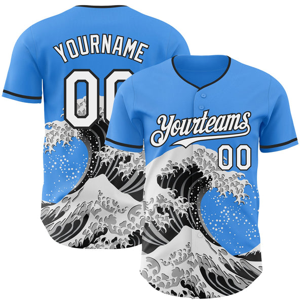 Custom Electric Blue White-Black Japanese Wave Authentic Baseball Jersey